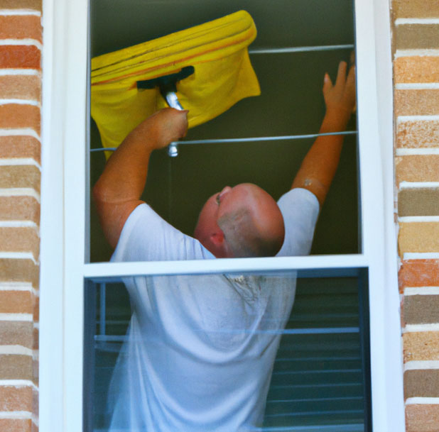 man wiping window